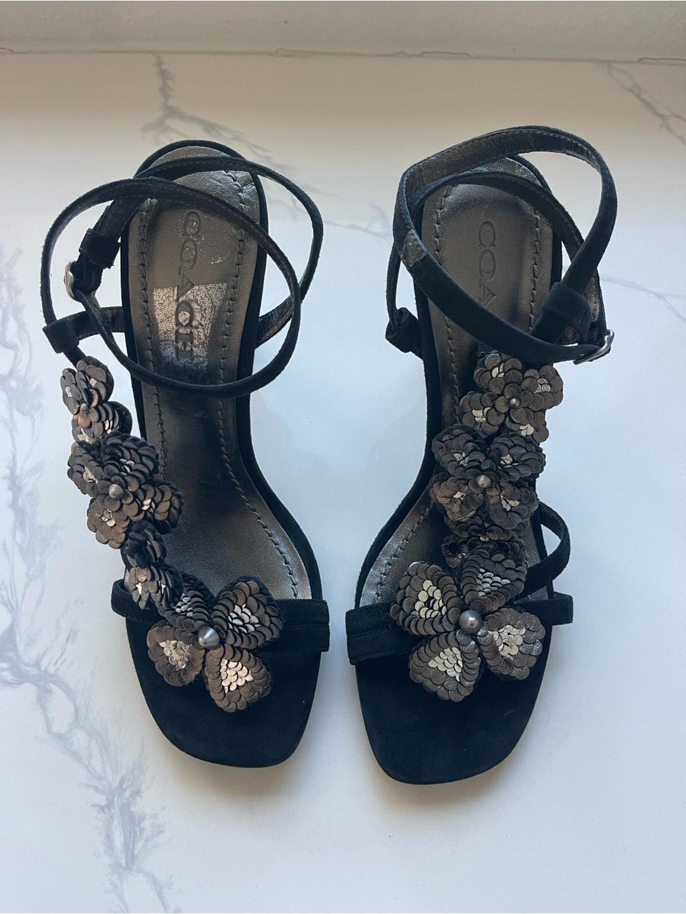 Coach Black and charcoal grey Sequin Floral Strappy High-Heel Sandals